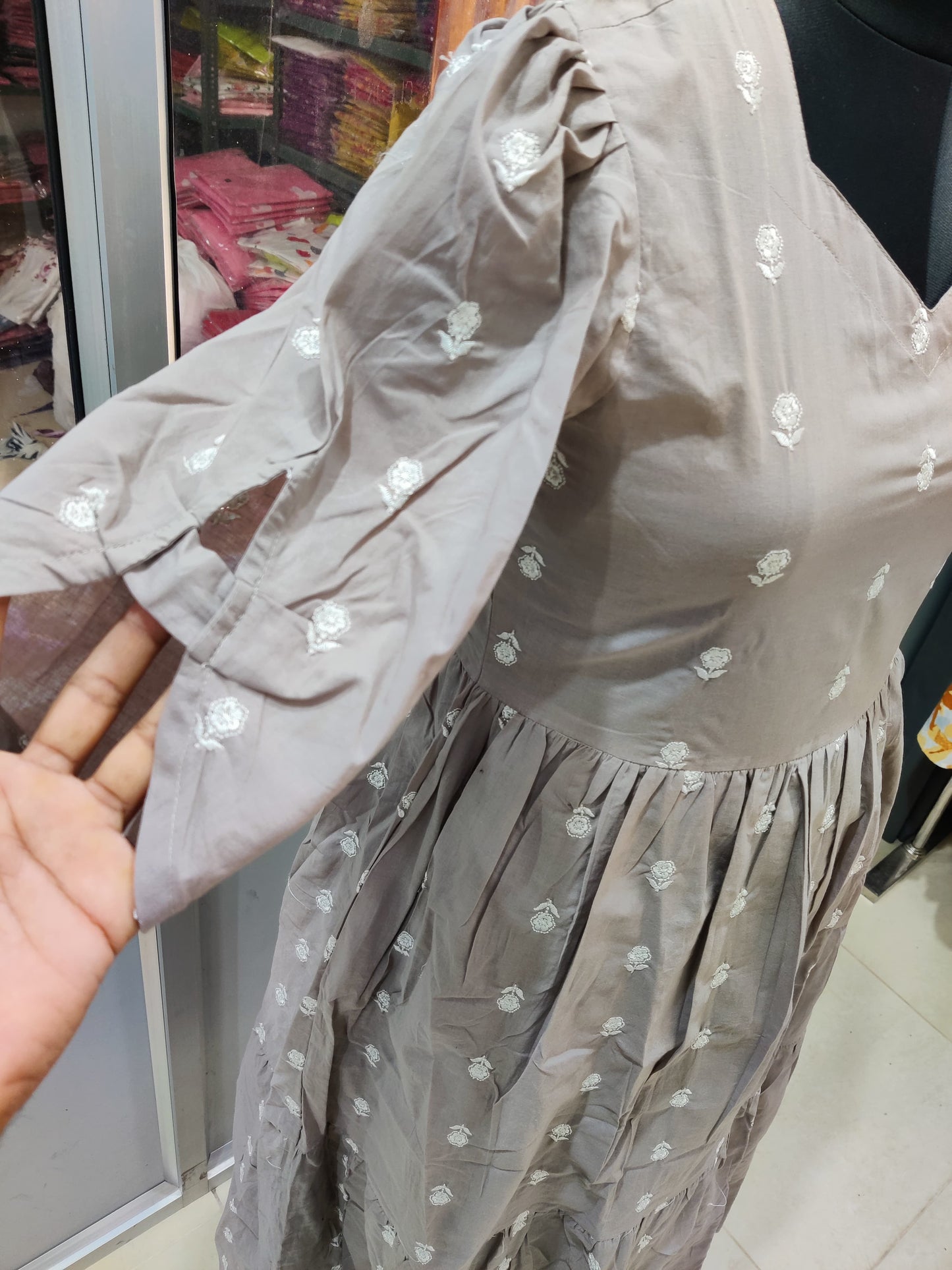 Cotton Midi Kurti with Lily Flower Thread Embroidery & Puff Sleeves