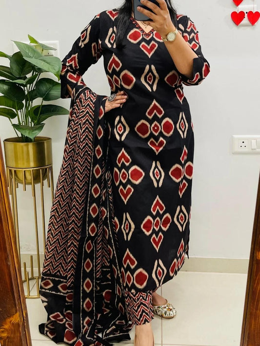 Cotton Mirror Work Kurti Pant Set with Dupatta – Fully Stitched