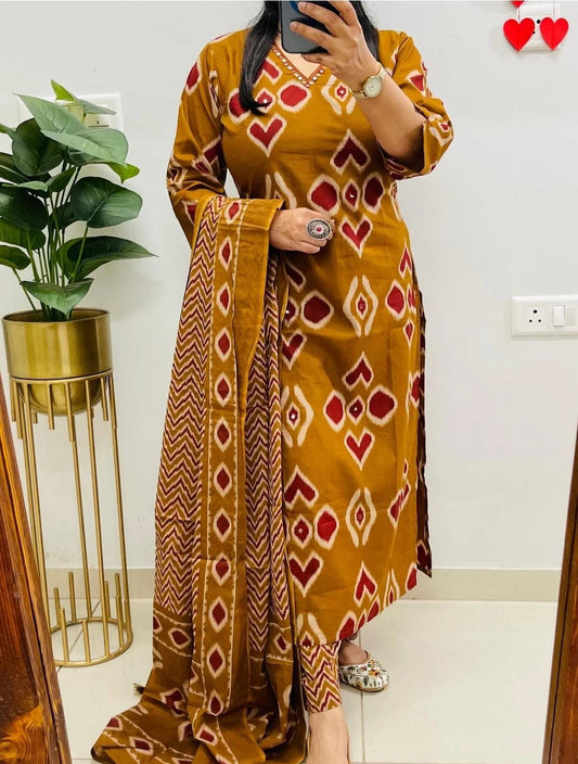 Cotton Mirror Work Kurti Pant Set with Dupatta – Fully Stitched