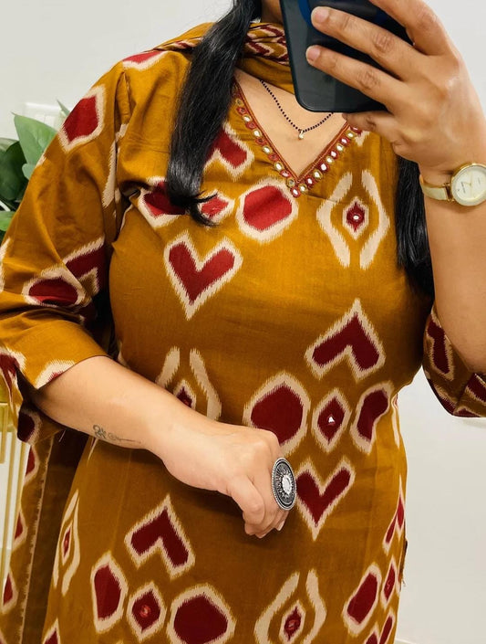 Cotton Mirror Work Kurti Pant Set with Dupatta – Fully Stitched