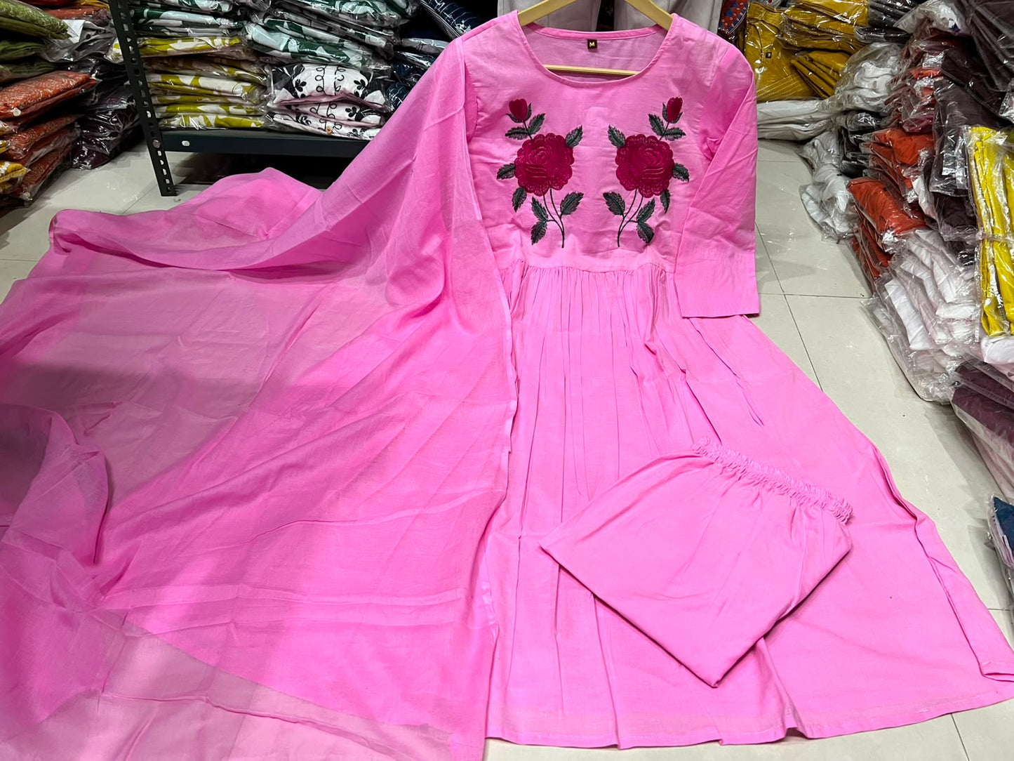 Cotton Natra Cut Kurta Pant Set with Malmal Dupatta & Embroidery