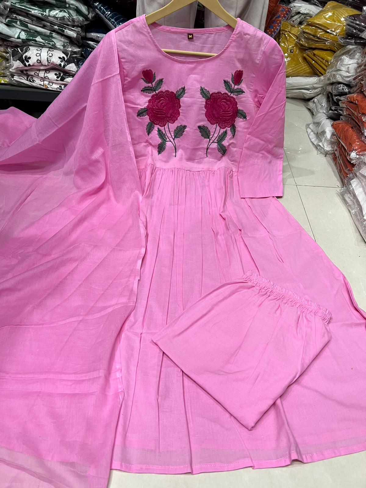 Cotton Natra Cut Kurta Pant Set with Malmal Dupatta & Embroidery