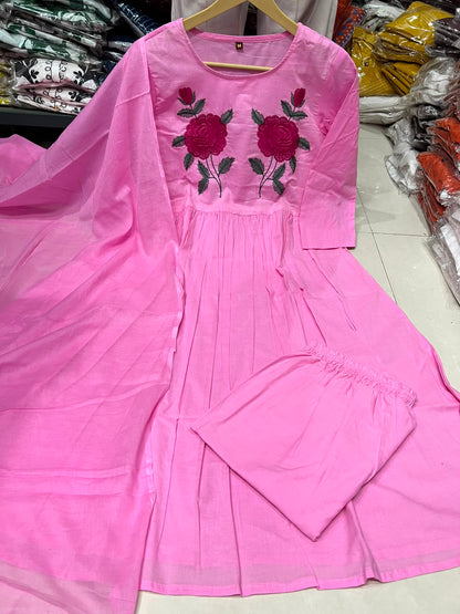Cotton Natra Cut Kurta Pant Set with Malmal Dupatta & Embroidery