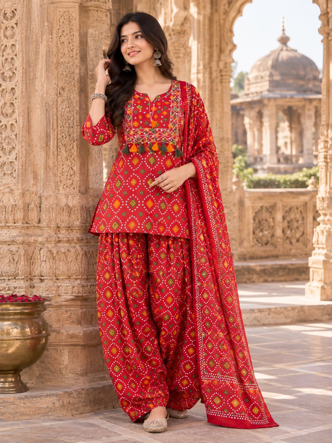 Cotton Patola Print Farshi Salwar Suit Set with Embroidered Neck & Dupatta