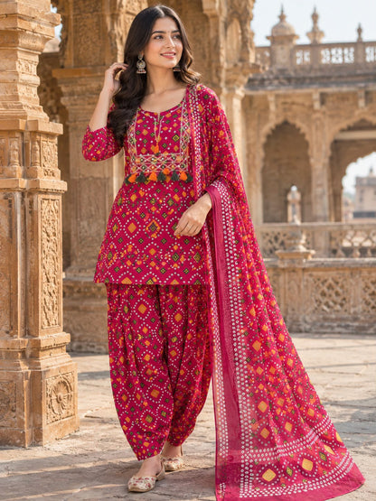 Cotton Patola Print Farshi Salwar Suit Set with Embroidered Neck & Dupatta