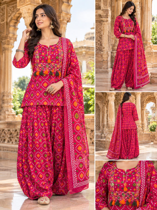 Cotton Patola Print Farshi Salwar Suit Set with Embroidered Neck & Dupatta