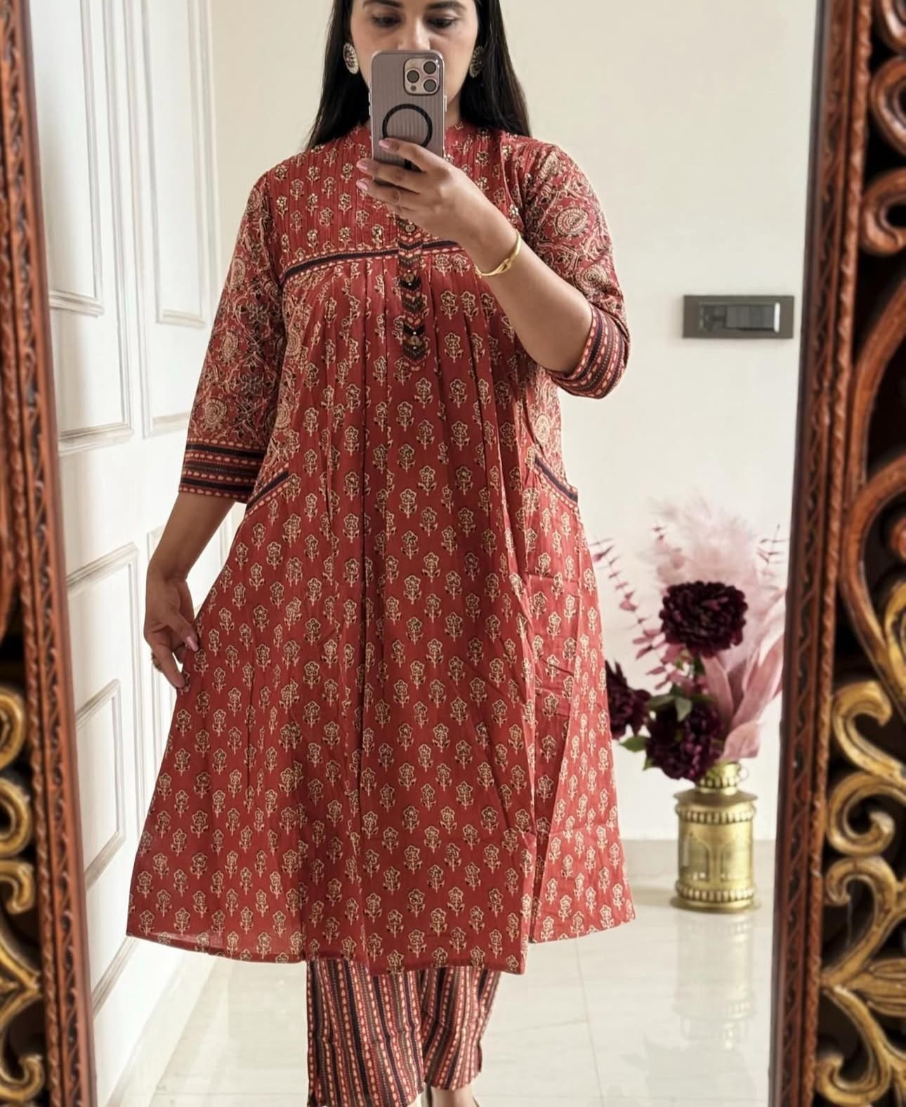 Cotton Pinteks Work Kurti Set with Printed Malmal Dupatta