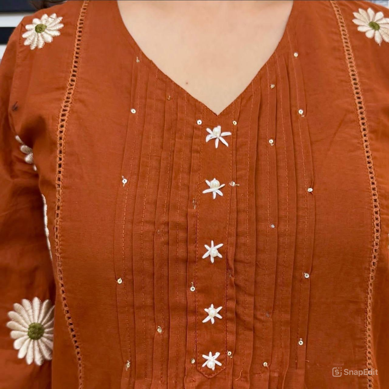 Cotton Pintex Kurti Pant Set with Malmal Printed Dupatta