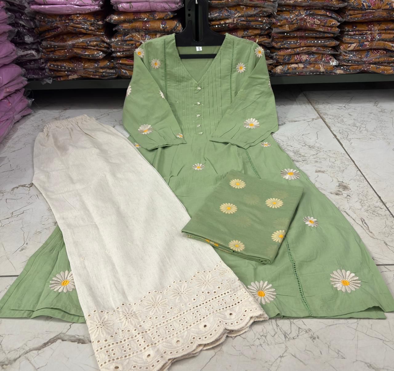 Cotton Pintex Kurti Pant Set with Malmal Printed Dupatta