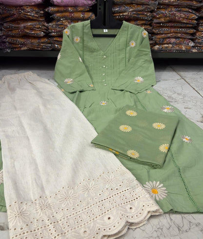 Cotton Pintex Kurti Pant Set with Malmal Printed Dupatta