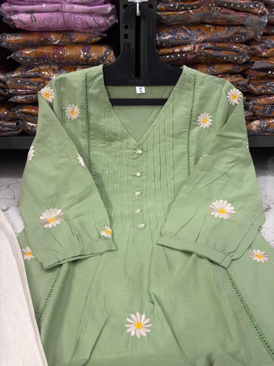 Cotton Pintex Kurti Pant Set with Malmal Printed Dupatta