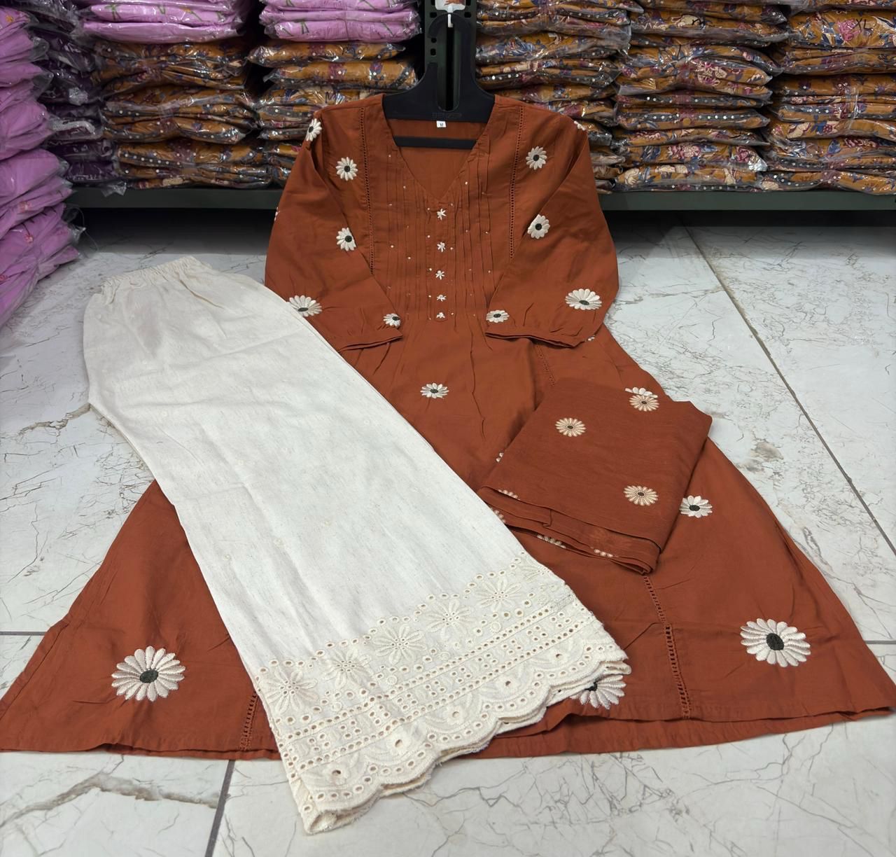 Cotton Pintex Kurti Pant Set with Malmal Printed Dupatta