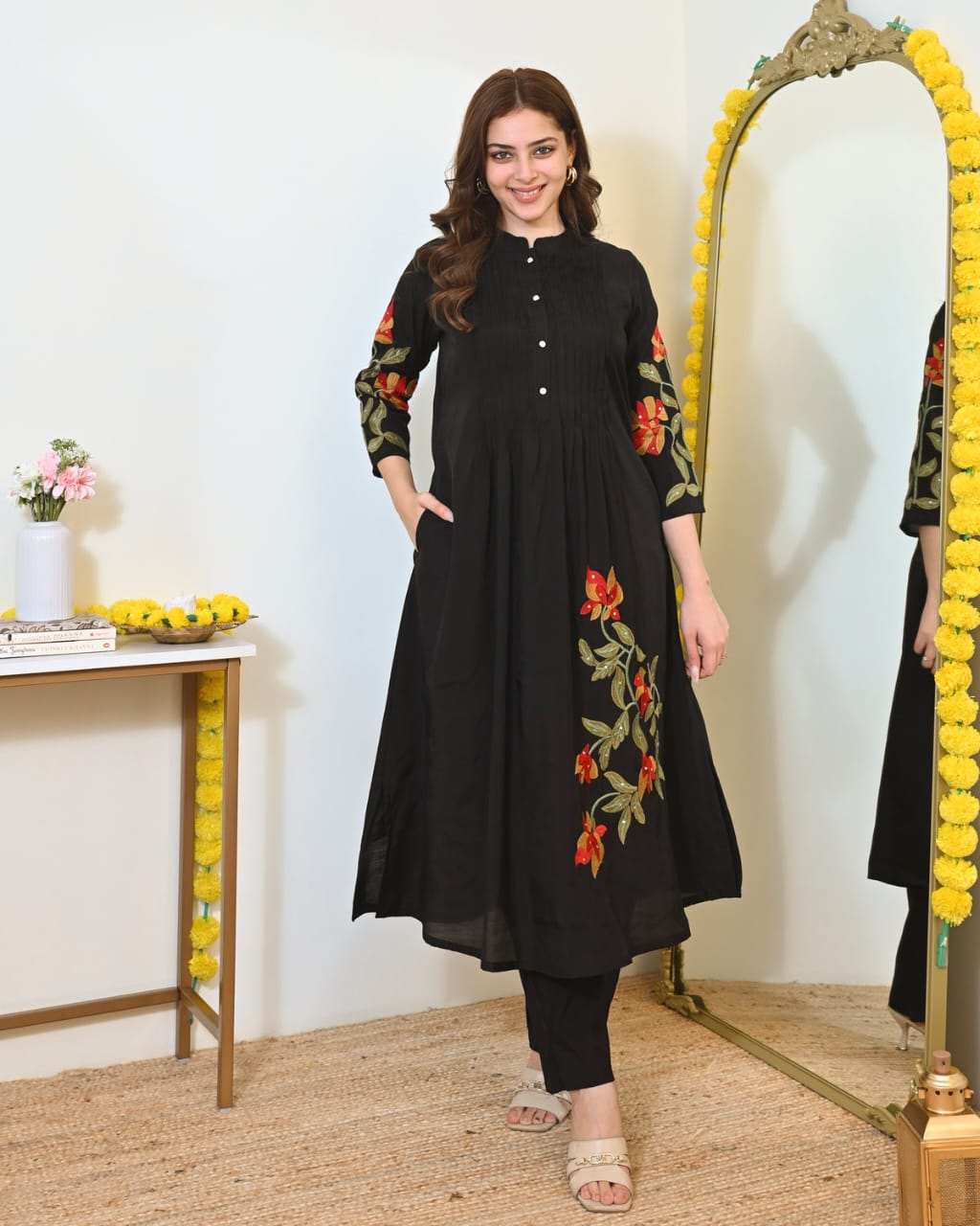 Cotton Pintex Kurti Pant Set with Embroidery & Pocket