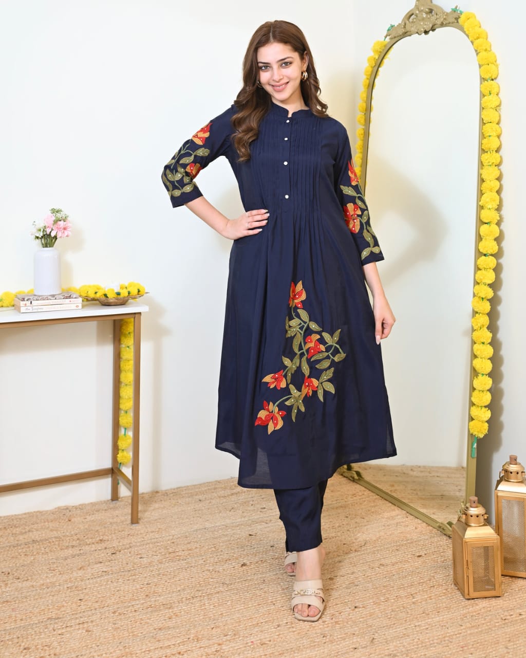 Cotton Pintex Kurti Pant Set with Embroidery & Pocket