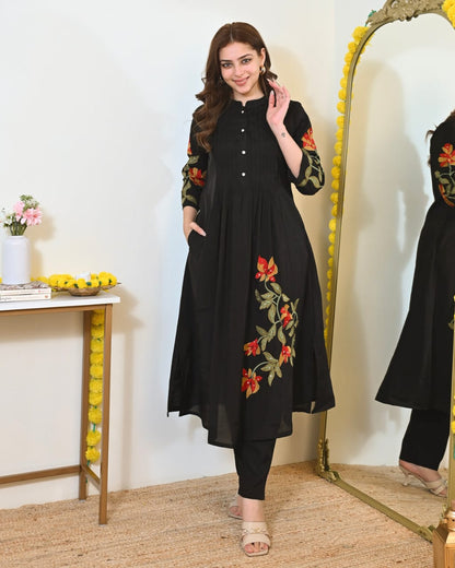 Cotton Pintex Kurti Pant Set with Embroidery & Pocket