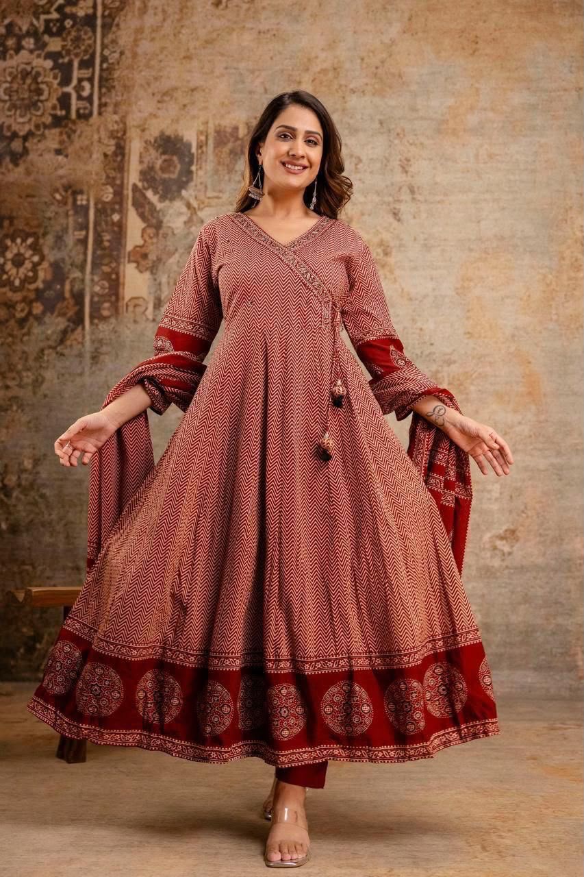Cotton Printed Angrakha Anarkali Kurti Pant Set with Mal Mal Dupatta – 3-Piece Suit Set