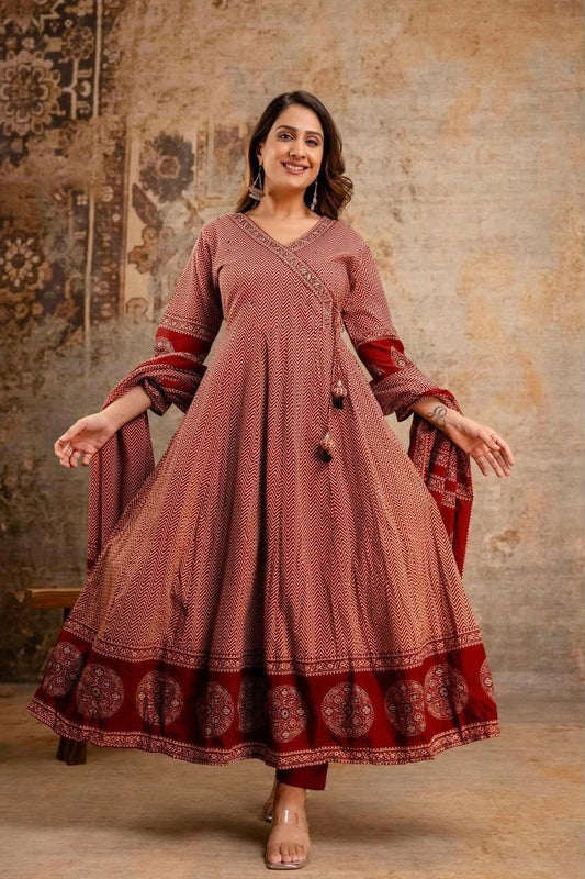 Cotton Printed Angrakha Anarkali Kurti Pant Set with Mal Mal Dupatta – 3-Piece Suit Set