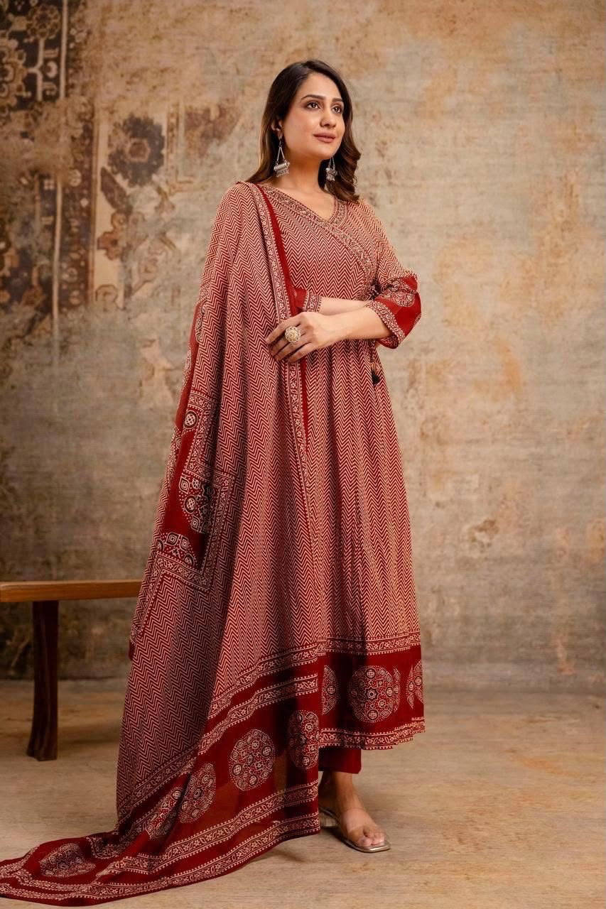 Cotton Printed Angrakha Anarkali Kurti Pant Set with Mal Mal Dupatta – 3-Piece Suit Set