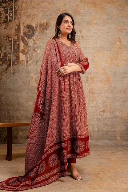 Cotton Printed Angrakha Anarkali Kurti Pant Set with Mal Mal Dupatta – 3-Piece Suit Set