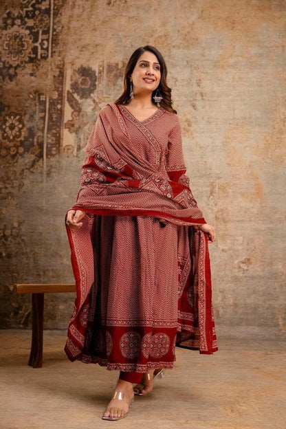 Cotton Printed Angrakha Anarkali Kurti Pant Set with Mal Mal Dupatta – 3-Piece Suit Set