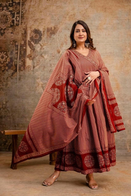 Cotton Printed Angrakha Anarkali Kurti Pant Set with Mal Mal Dupatta – 3-Piece Suit Set