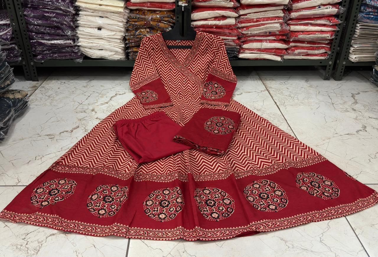 Cotton Printed Angrakha Anarkali Kurti Pant Set with Mal Mal Dupatta – 3-Piece Suit Set