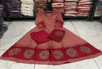 Cotton Printed Angrakha Anarkali Kurti Pant Set with Mal Mal Dupatta – 3-Piece Suit Set