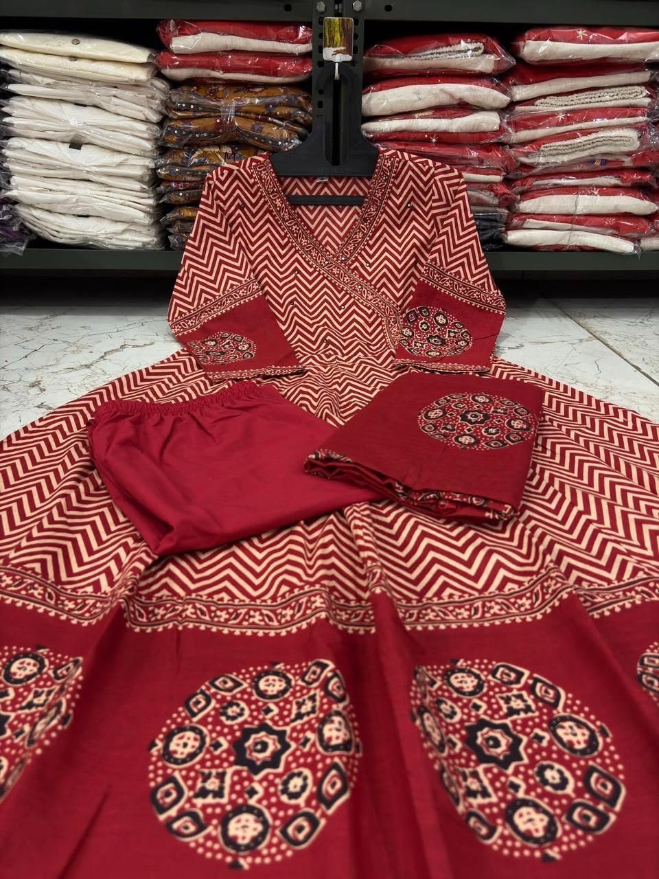 Cotton Printed Angrakha Anarkali Kurti Pant Set with Mal Mal Dupatta – 3-Piece Suit Set