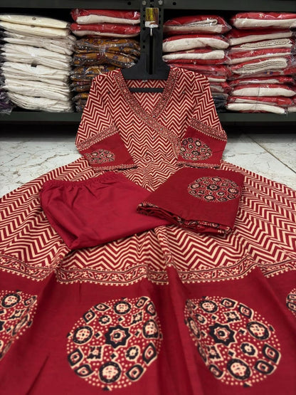 Cotton Printed Angrakha Anarkali Kurti Pant Set with Mal Mal Dupatta – 3-Piece Suit Set