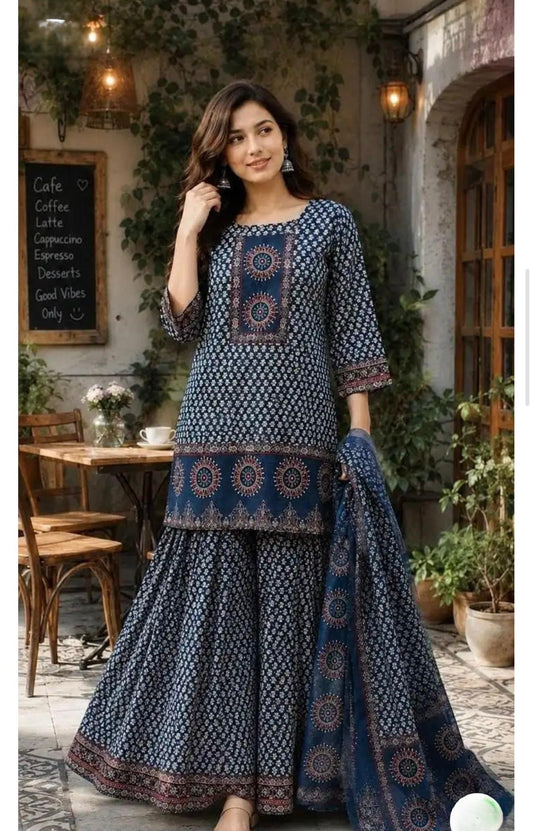 Cotton Printed Gopi Dress Set with Sharara and Malmal Dupatta