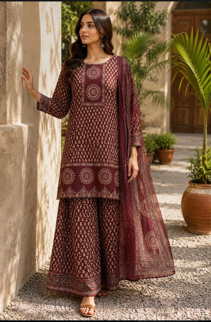 Cotton Printed Gopi Dress Set with Sharara and Malmal Dupatta