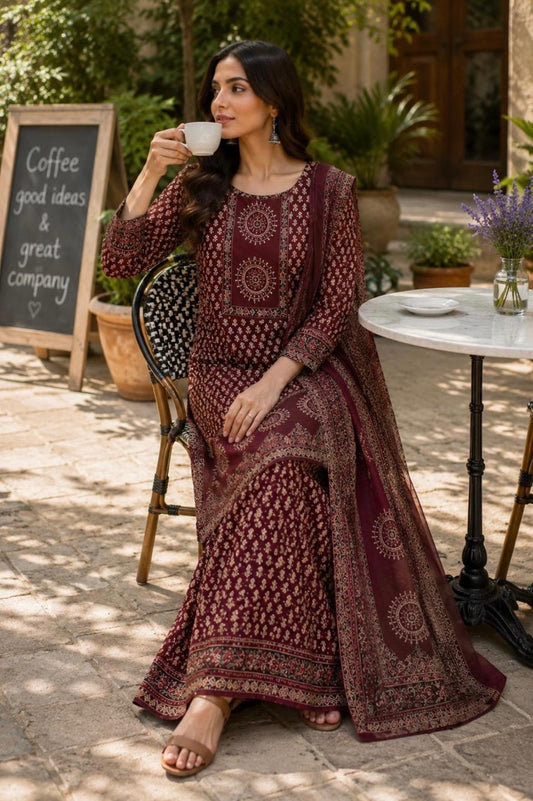 Cotton Printed Gopi Dress Set with Sharara and Malmal Dupatta