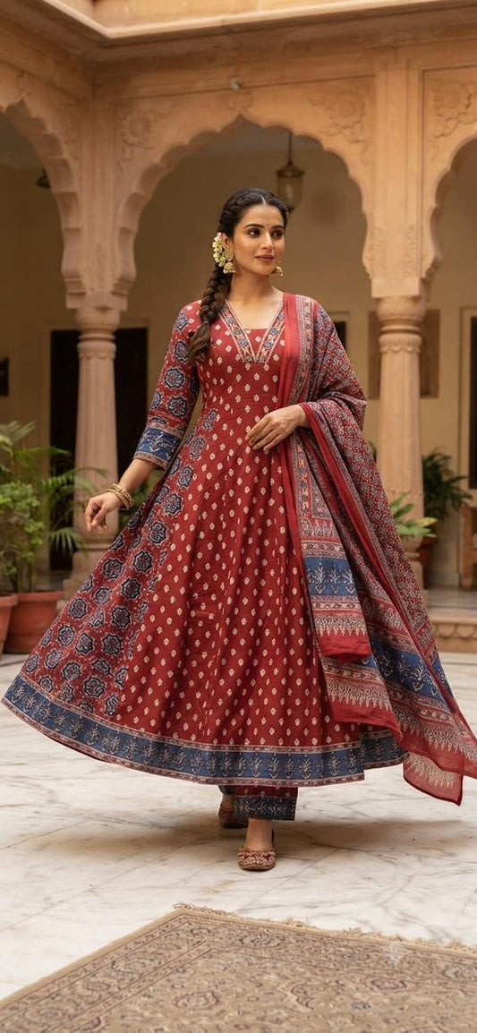Cotton Printed Kurti Pant Dupatta Set with Border Work – 3 Piece