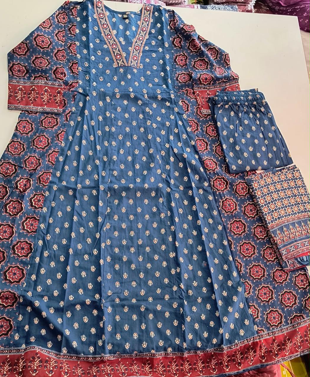 Cotton Printed Kurti Pant Dupatta Set with Border Work – 3 Piece