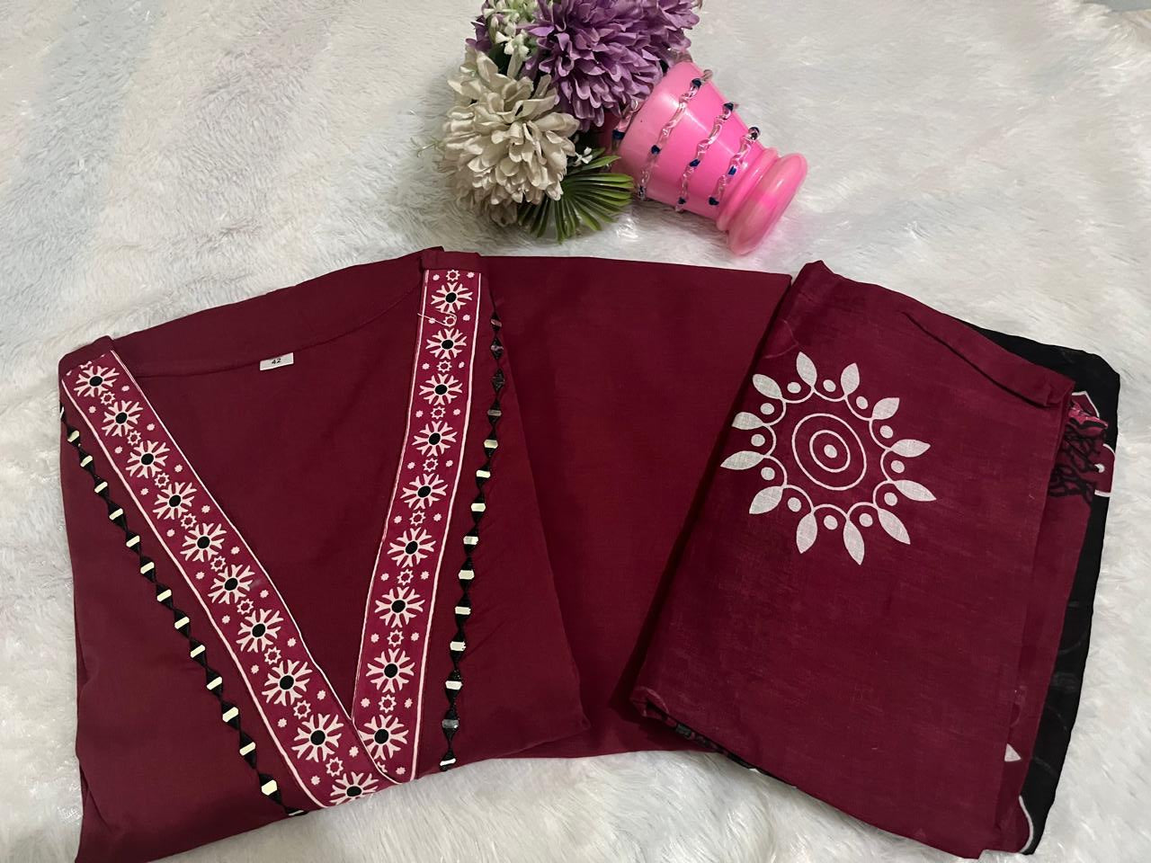Cotton Printed Kurti Pant Set with Mulmul Dupatta for Women