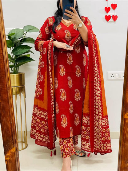 Cotton Printed Kurti Pant Set with Mulmul Dupatta