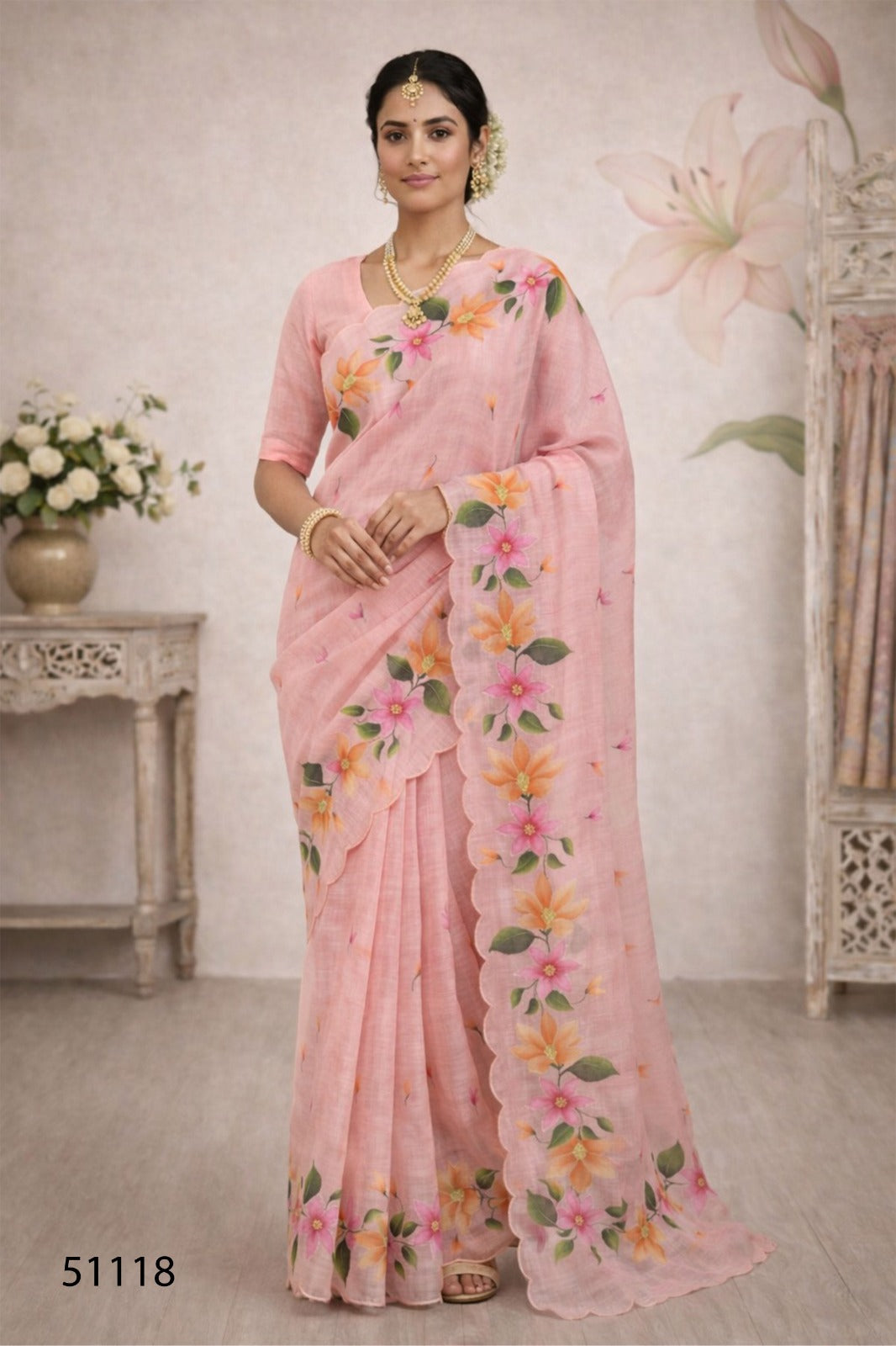 Cotton Printed Saree with Aari Work & Cotton Blouse