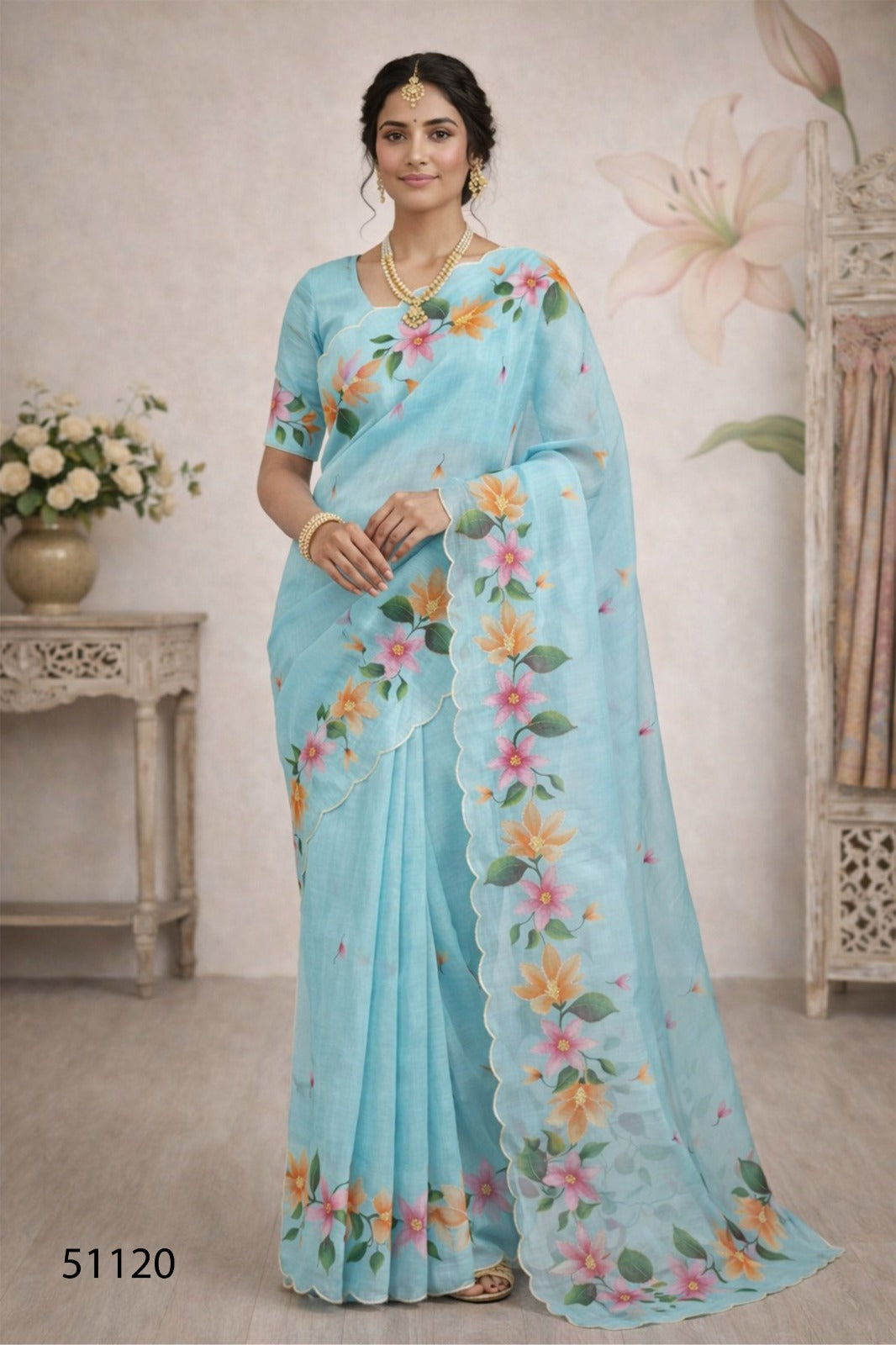Cotton Printed Saree with Aari Work & Cotton Blouse