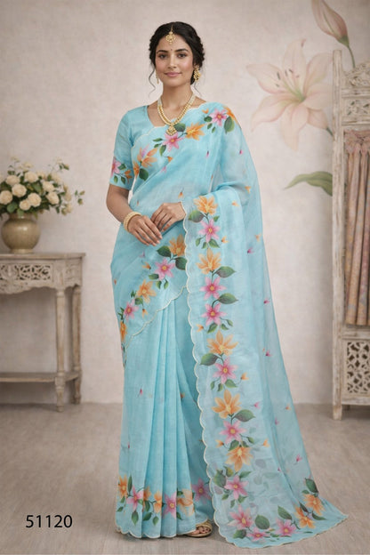 Cotton Printed Saree with Aari Work & Cotton Blouse