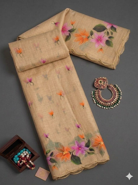 Cotton Printed Saree with Aari Work & Cotton Blouse
