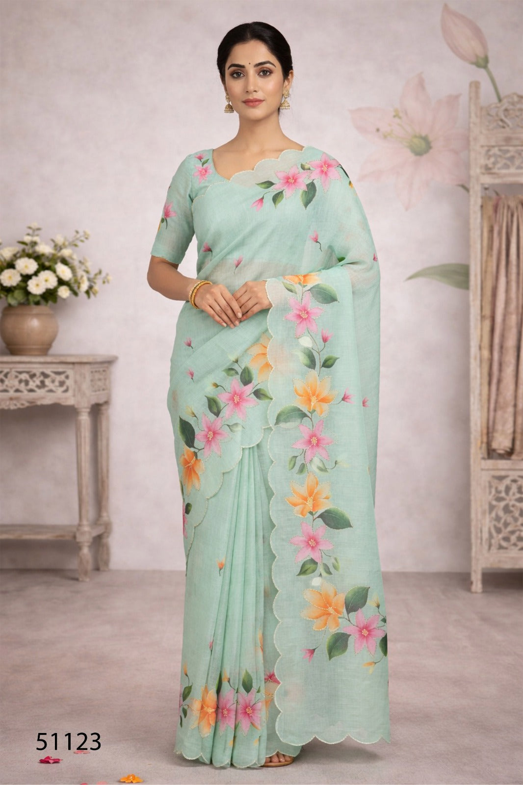 Cotton Printed Saree with Aari Work & Cotton Blouse