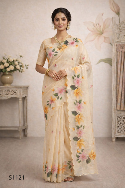 Cotton Printed Saree with Aari Work & Cotton Blouse