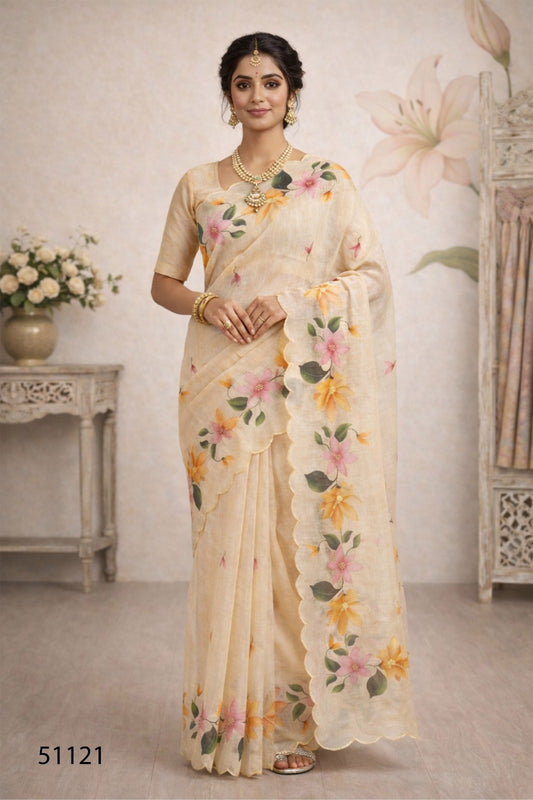 Cotton Printed Saree with Aari Work & Cotton Blouse