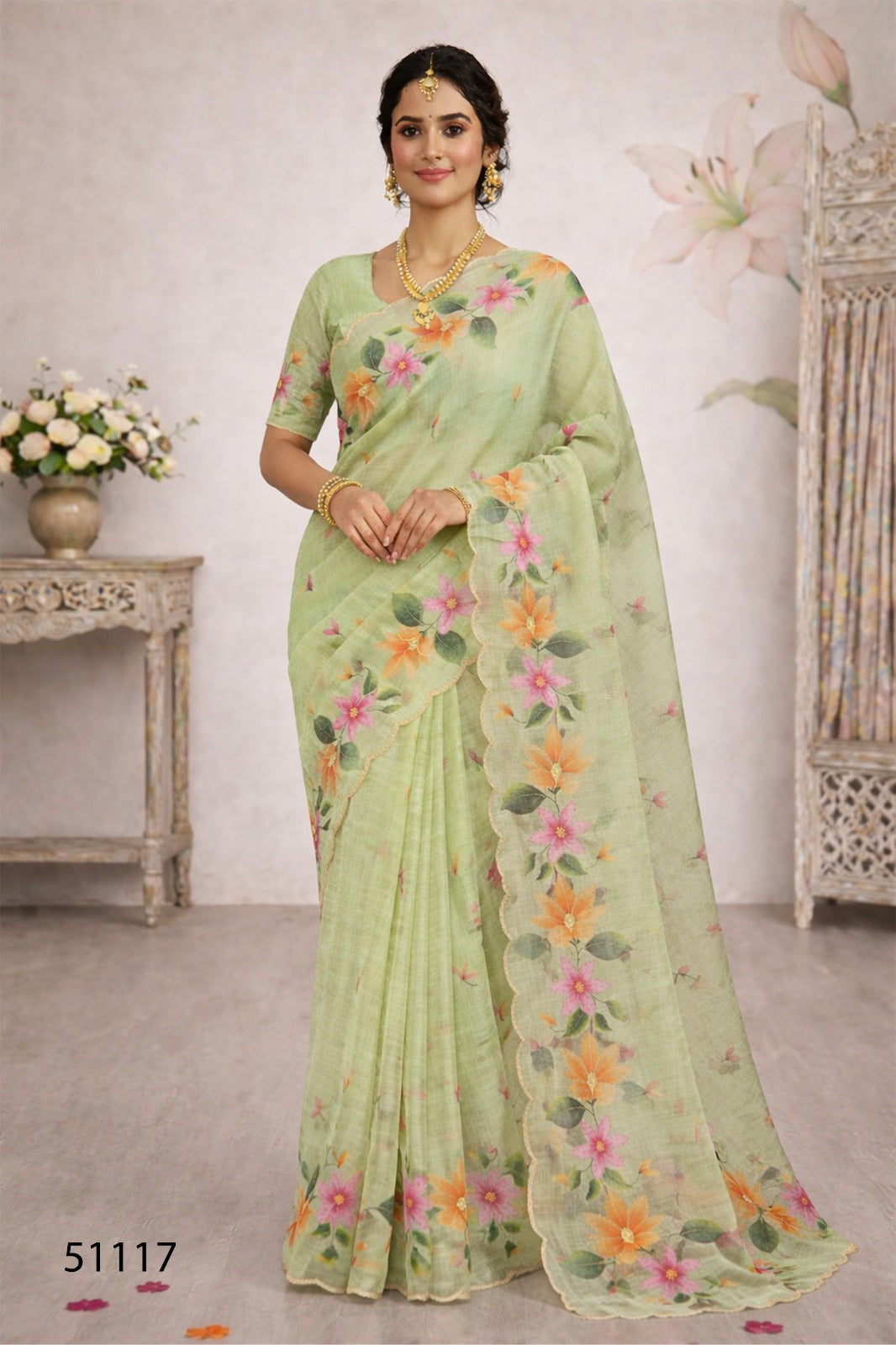 Cotton Printed Saree with Aari Work & Cotton Blouse