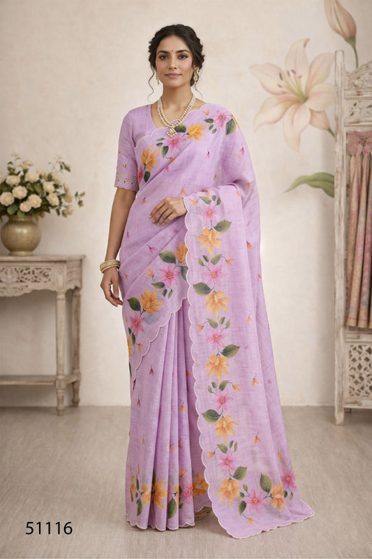 Cotton Printed Saree with Aari Work & Cotton Blouse