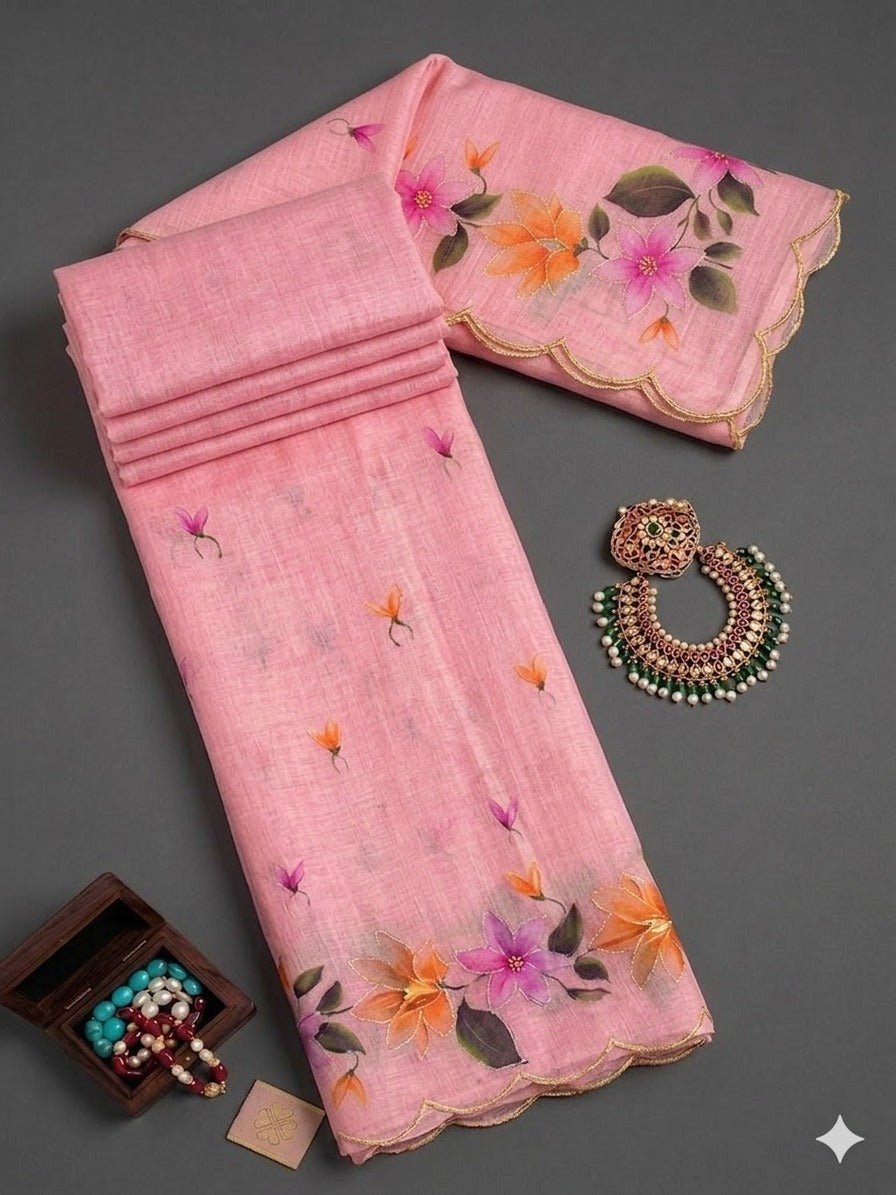 Cotton Printed Saree with Aari Work & Cotton Blouse