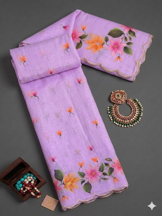 Cotton Printed Saree with Aari Work & Cotton Blouse