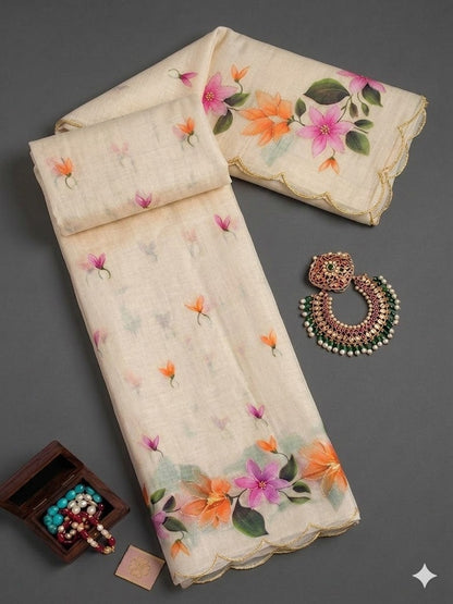 Cotton Printed Saree with Aari Work & Cotton Blouse
