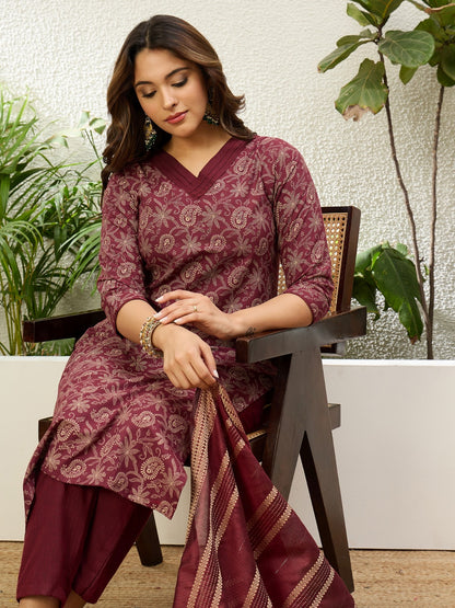 Cotton Printed Straight Kurta Pant Dupatta Set | 3 Piece
