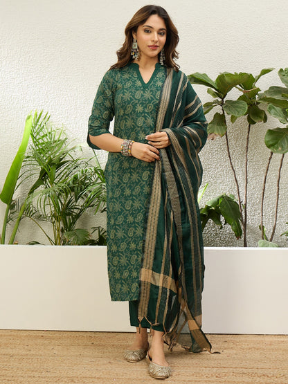 Cotton Printed Straight Kurta Pant Dupatta Set | 3 Piece